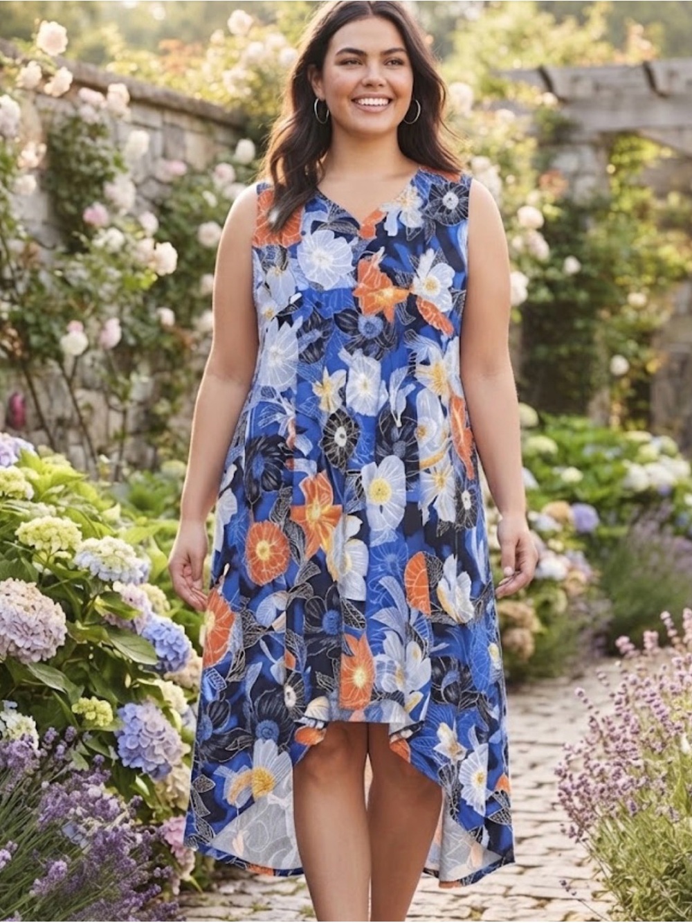 Ruby Rd. Petite XL Floral Knit V-Neck High-Low Dress Blue Orange ExCond PXL